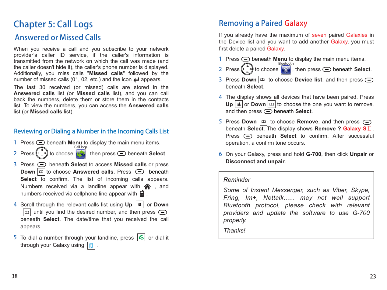 Chapter 5: call logs, Answered or missed calls, Removing a paired galaxy | iCreation G-700 user vanual User Manual | Page 39 / 62