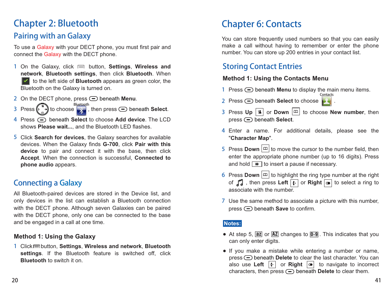 Chapter 2: bluetooth, Chapter 6: contacts, Pairing with an galaxy | Storing contact entries, Connecting a galaxy | iCreation G-700 user vanual User Manual | Page 42 / 62