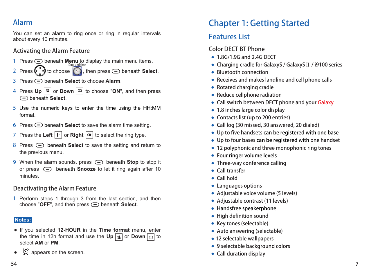 Chapter 1: getting started, Features list, Alarm | iCreation G-700 user vanual User Manual | Page 8 / 62