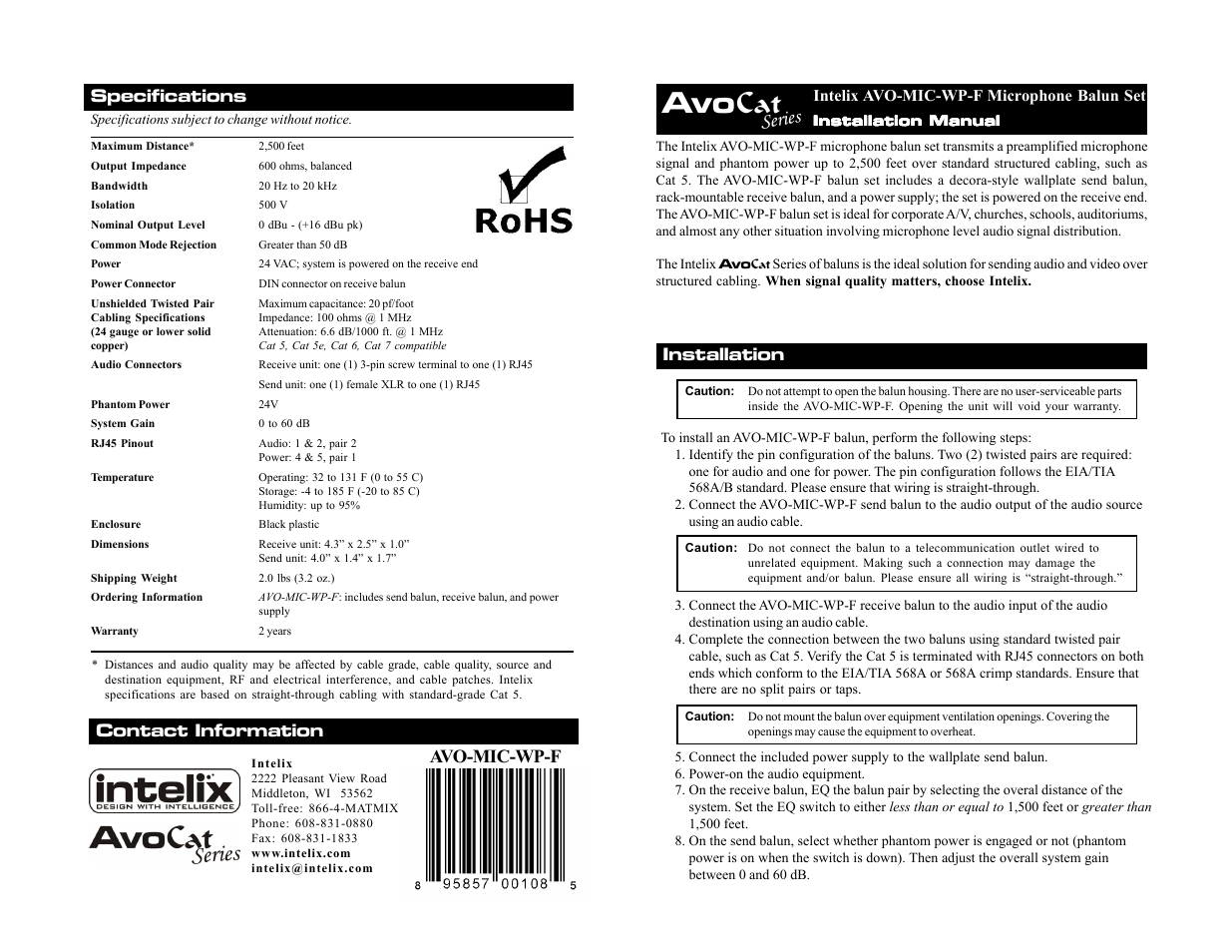 Intelix AVO-MIC-WP-F User Manual | 2 pages
