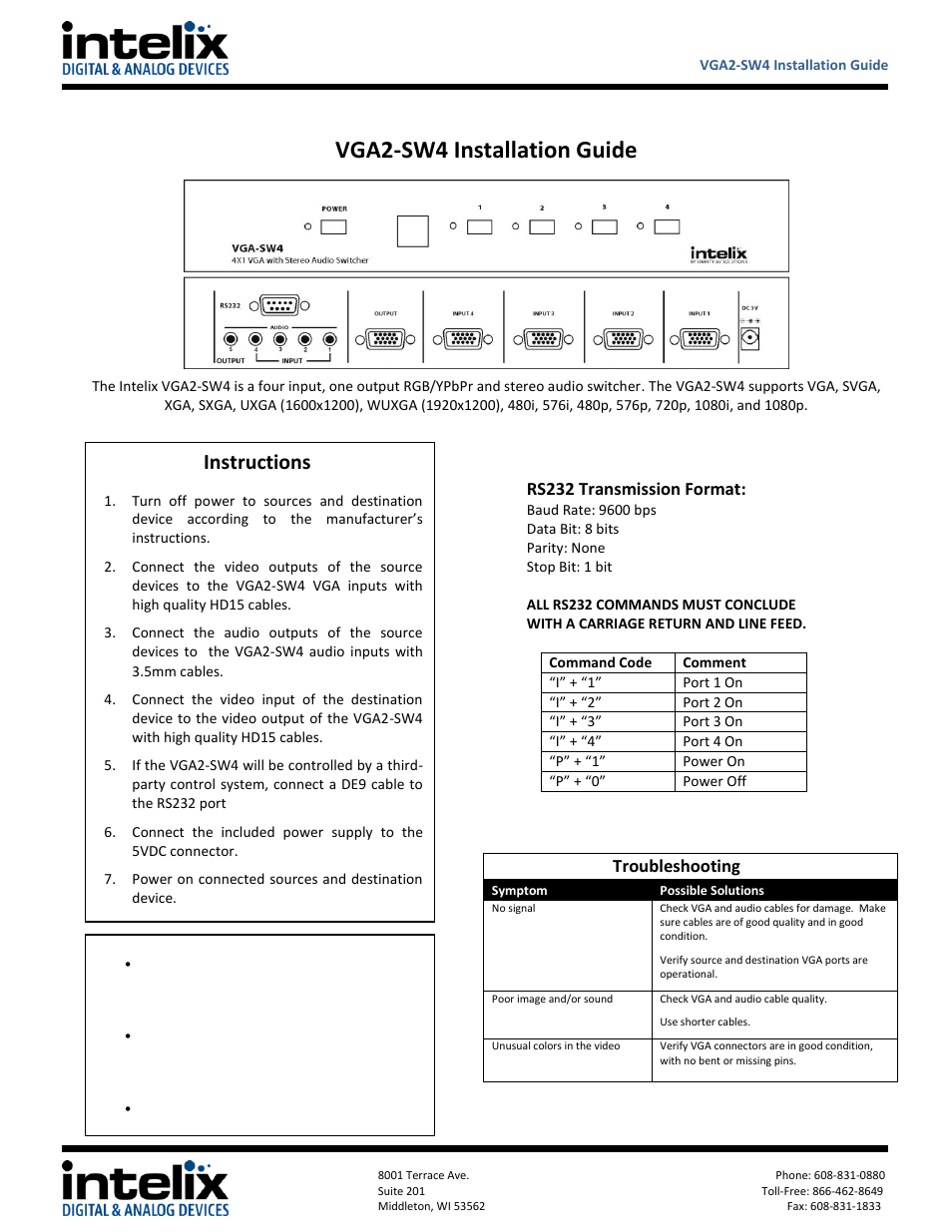Intelix VGA2-SW4 User Manual | 2 pages