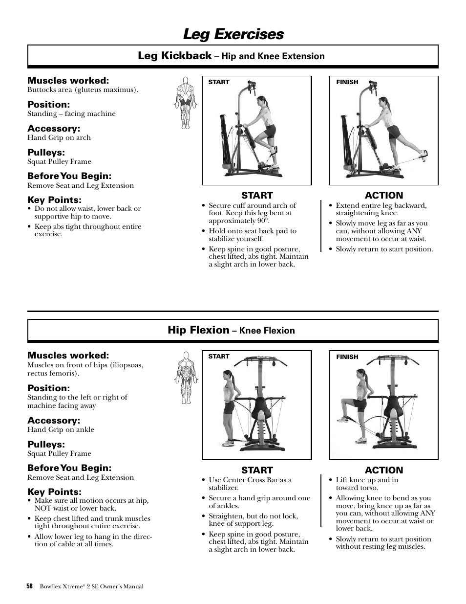 Leg exercises, Leg kickback, Hip flexion | Bowflex Xtreme 2 SE User Manual | Page 60 / 92