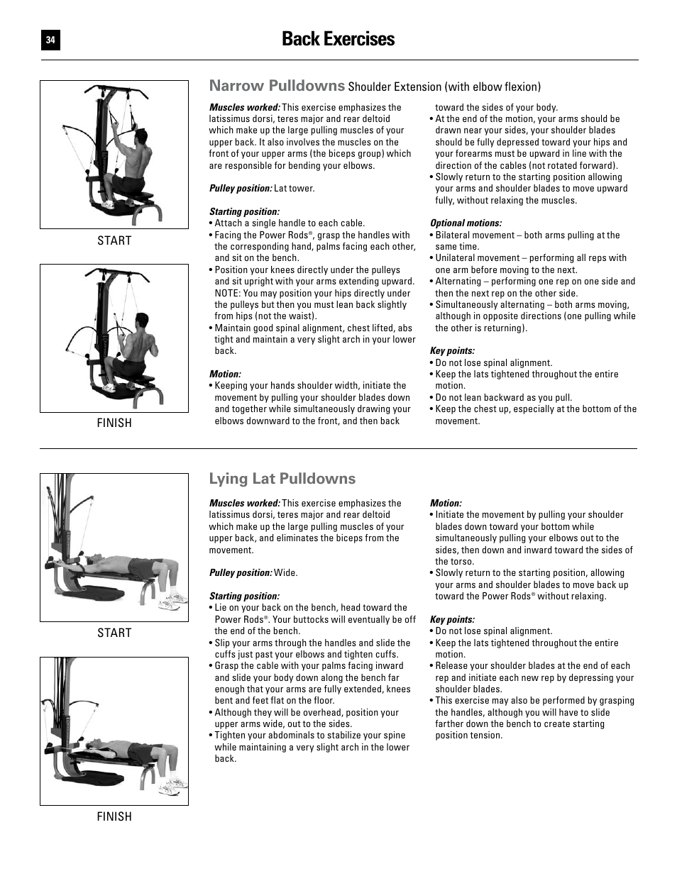 Back exercises, Narrow pulldowns, Lying lat pulldowns | Bowflex Ultimate User Manual | Page 34 / 110