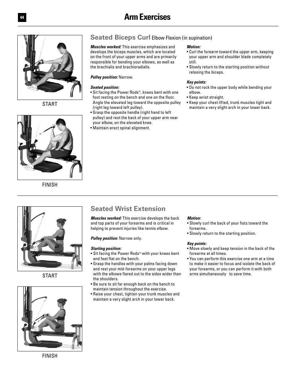 Arm exercises, Seated biceps curl, Seated wrist extension | Bowflex Ultimate User Manual | Page 44 / 110