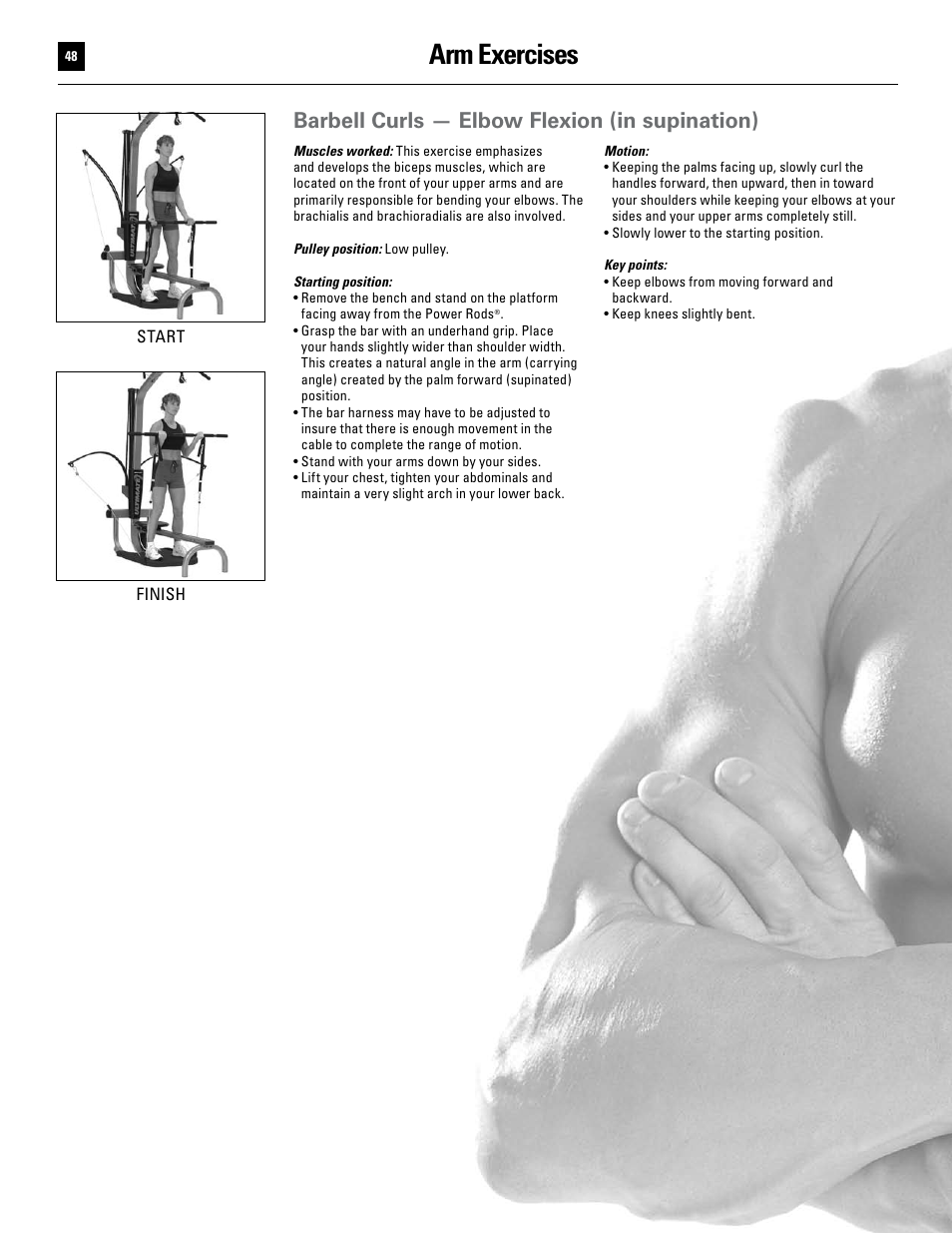 Arm exercises, Barbell curls — elbow flexion (in supination) | Bowflex Ultimate User Manual | Page 48 / 110