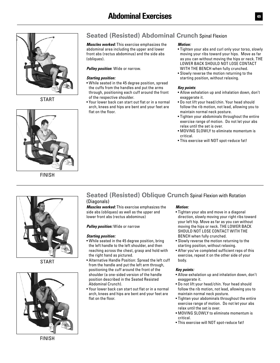 Abdominal exercises, Seated (resisted) abdominal crunch, Seated (resisted) oblique crunch | Bowflex Ultimate User Manual | Page 49 / 110