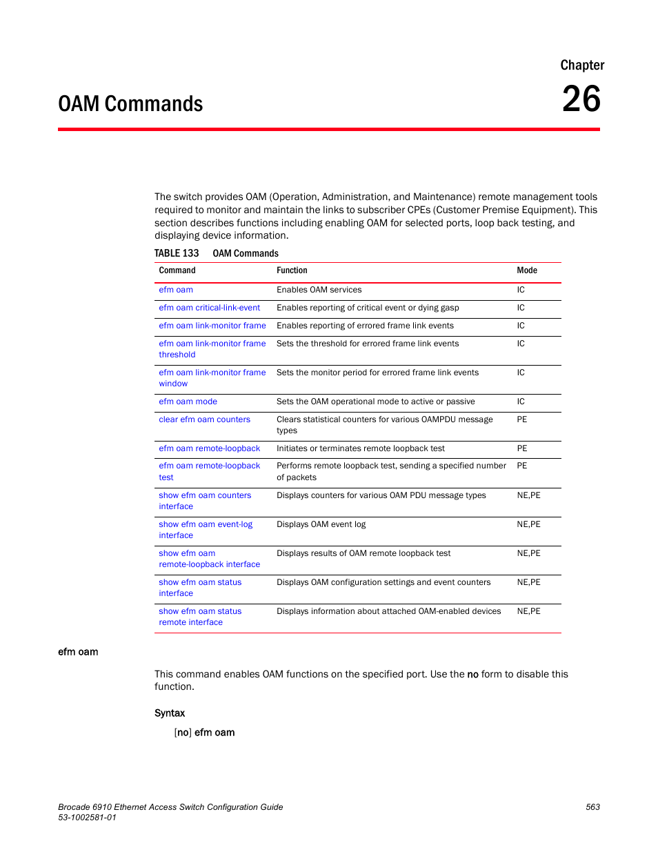 Oam commands, Efm oam, Chapter 26 | Table 133, Chapter | Brocade Communications Systems Brocate Ethernet Access Switch 6910 User Manual | Page 613 / 1200