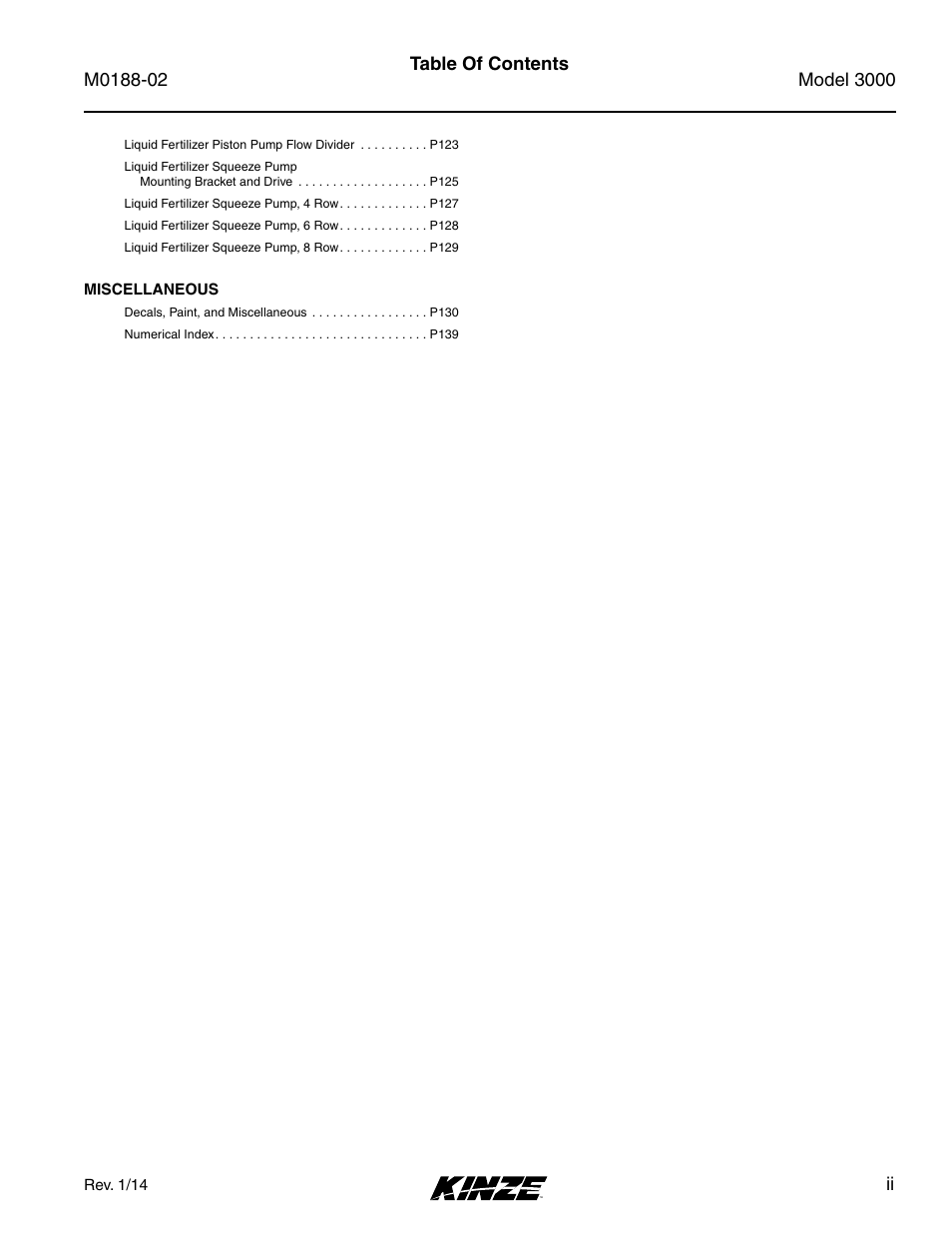 Ii table of contents | Kinze 3000 Rigid Frame Planter Rev. 5/14 User Manual | Page 3 / 154