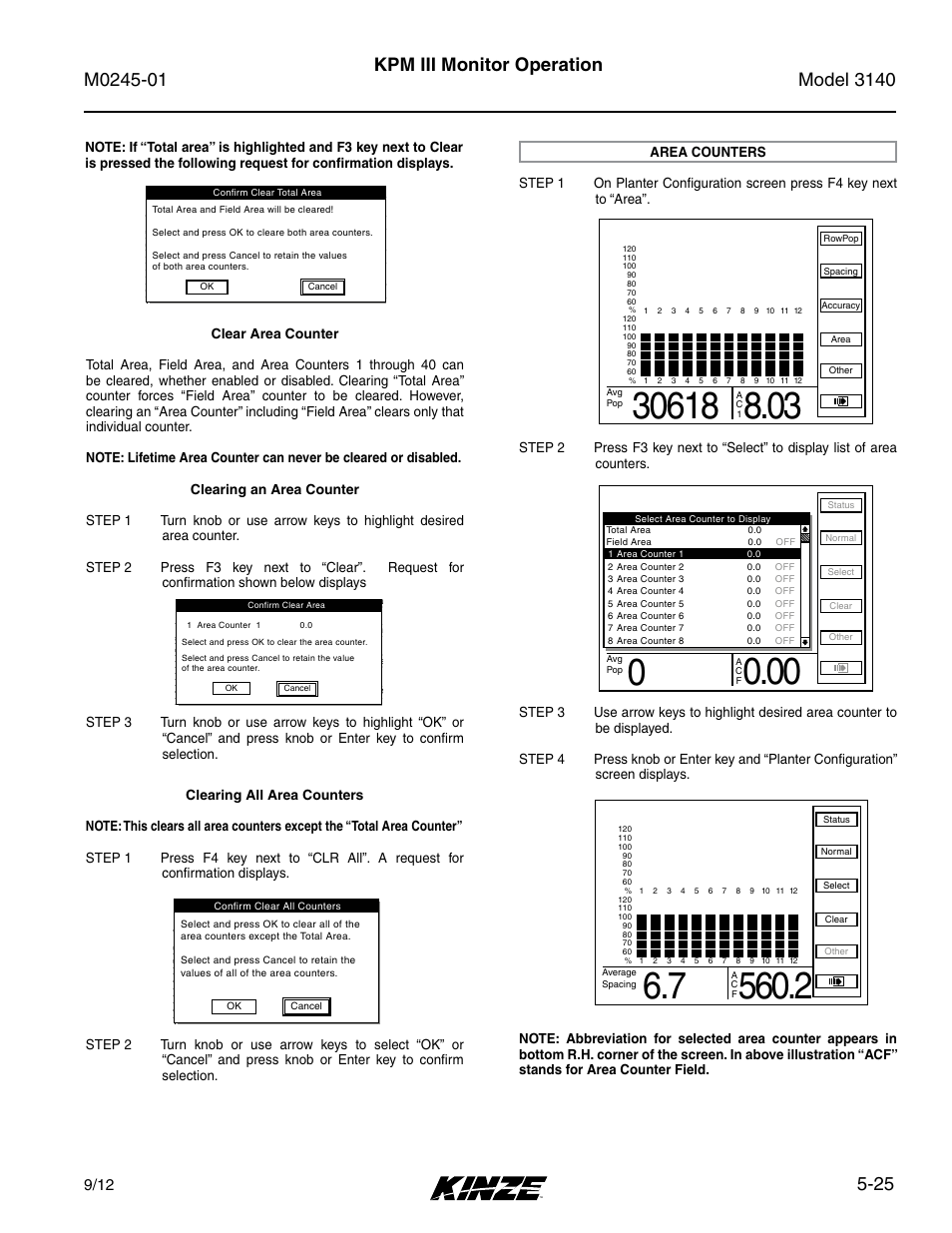 Area counters -25, 25 kpm iii monitor operation, Area management | Kinze 3140 Stack Fold Planter Rev. 7/14 User Manual | Page 105 / 150