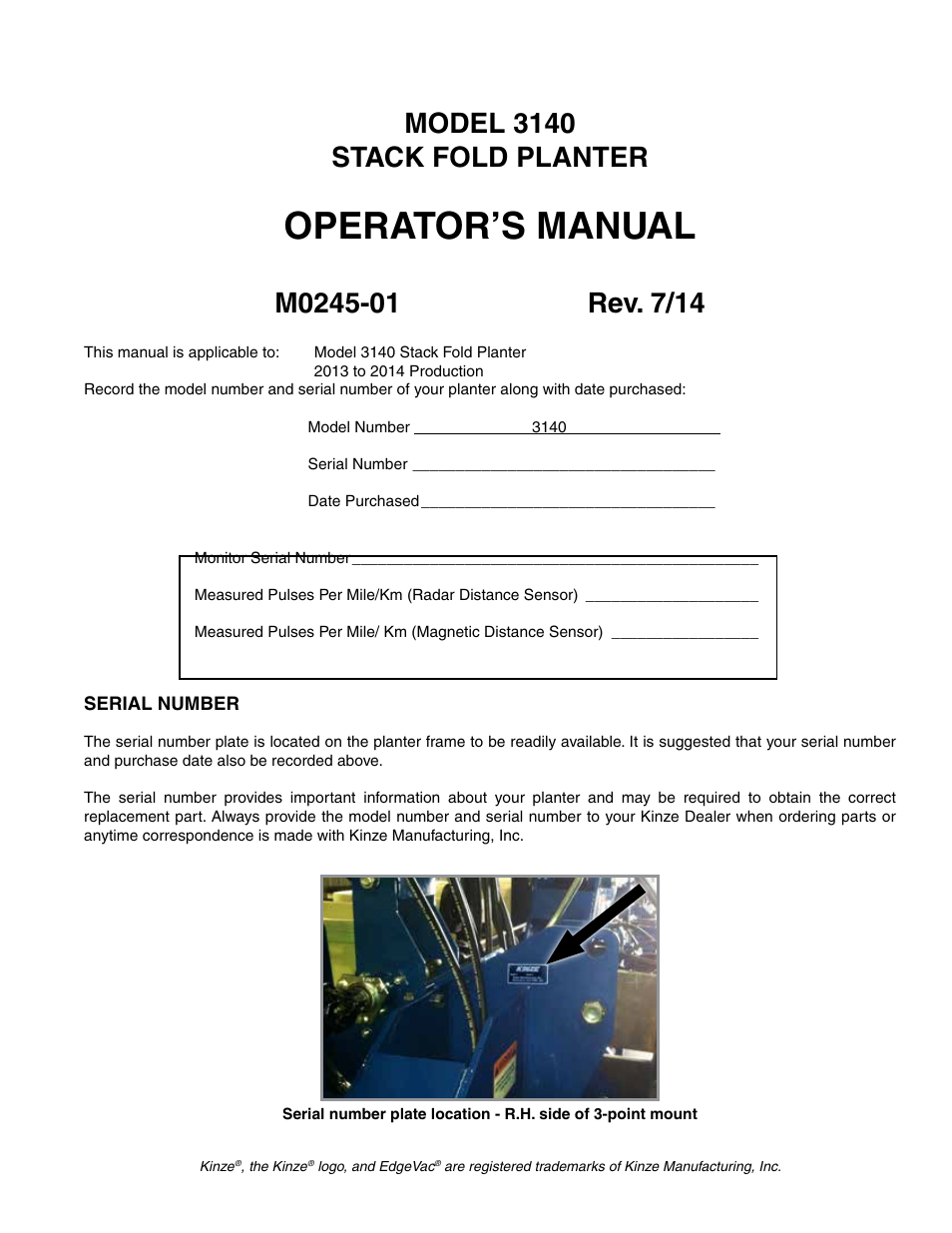 Operator’s manual | Kinze 3140 Stack Fold Planter Rev. 7/14 User Manual | Page 3 / 150