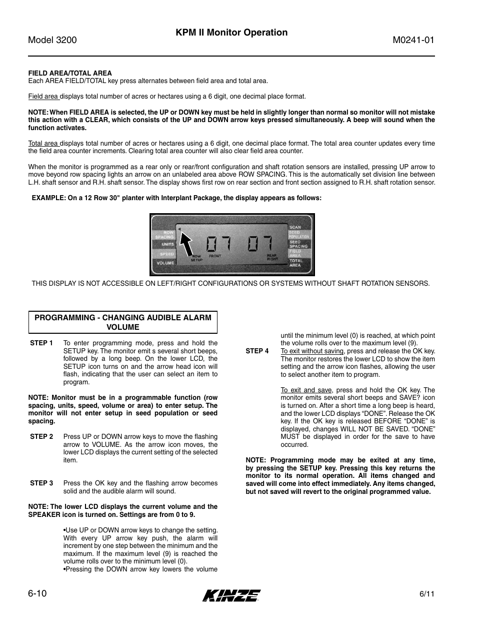 Programming - changing audible alarm volume -10, Kpm ii monitor operation | Kinze 3200 Wing-Fold Planter Rev. 7/14 User Manual | Page 100 / 192