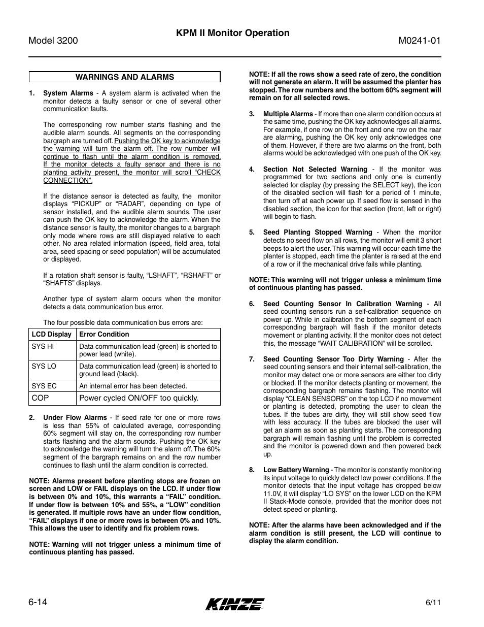 Warnings and alarms -14, Kpm ii monitor operation | Kinze 3200 Wing-Fold Planter Rev. 7/14 User Manual | Page 104 / 192