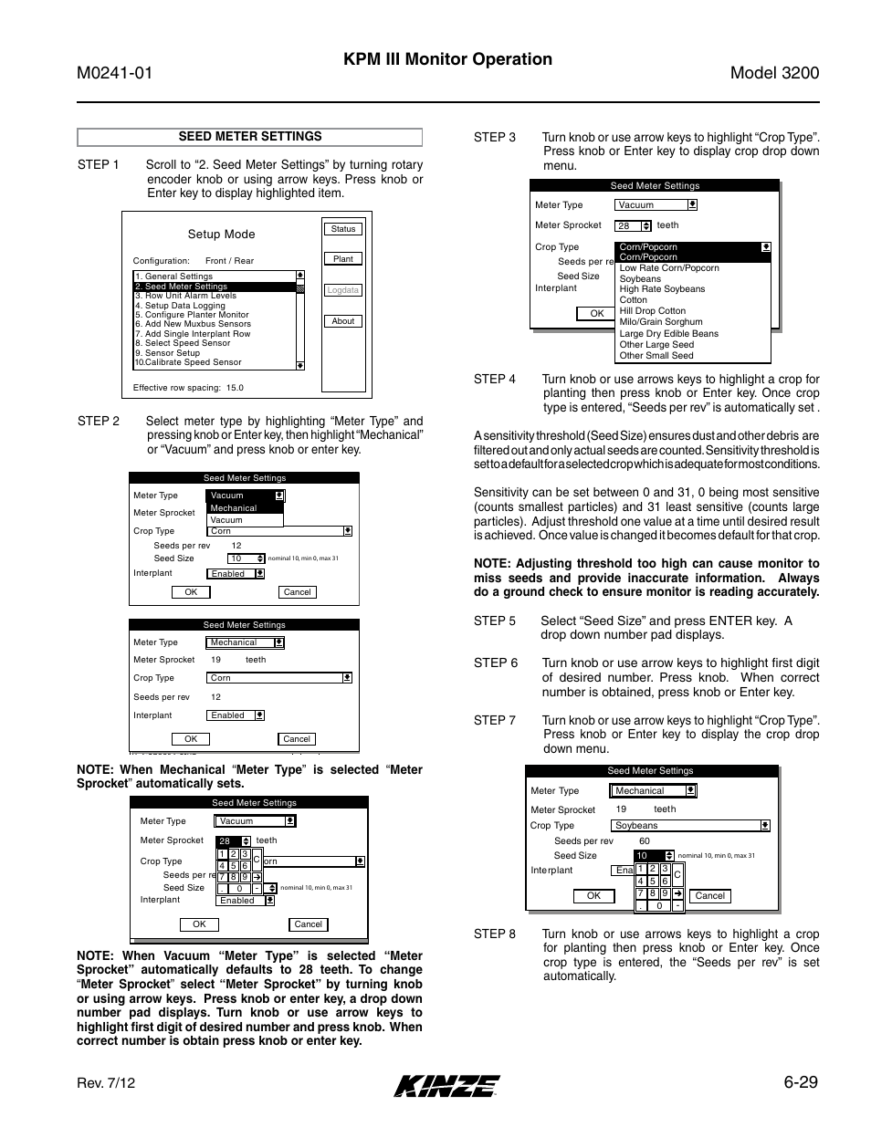 Seed meter settings -29, 29 kpm iii monitor operation, Rev. 7/12 | Kinze 3200 Wing-Fold Planter Rev. 7/14 User Manual | Page 119 / 192