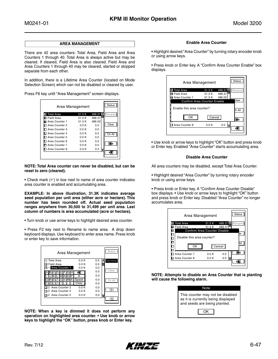 Area management -47, 47 kpm iii monitor operation, Rev. 7/12 | Area management | Kinze 3200 Wing-Fold Planter Rev. 7/14 User Manual | Page 137 / 192