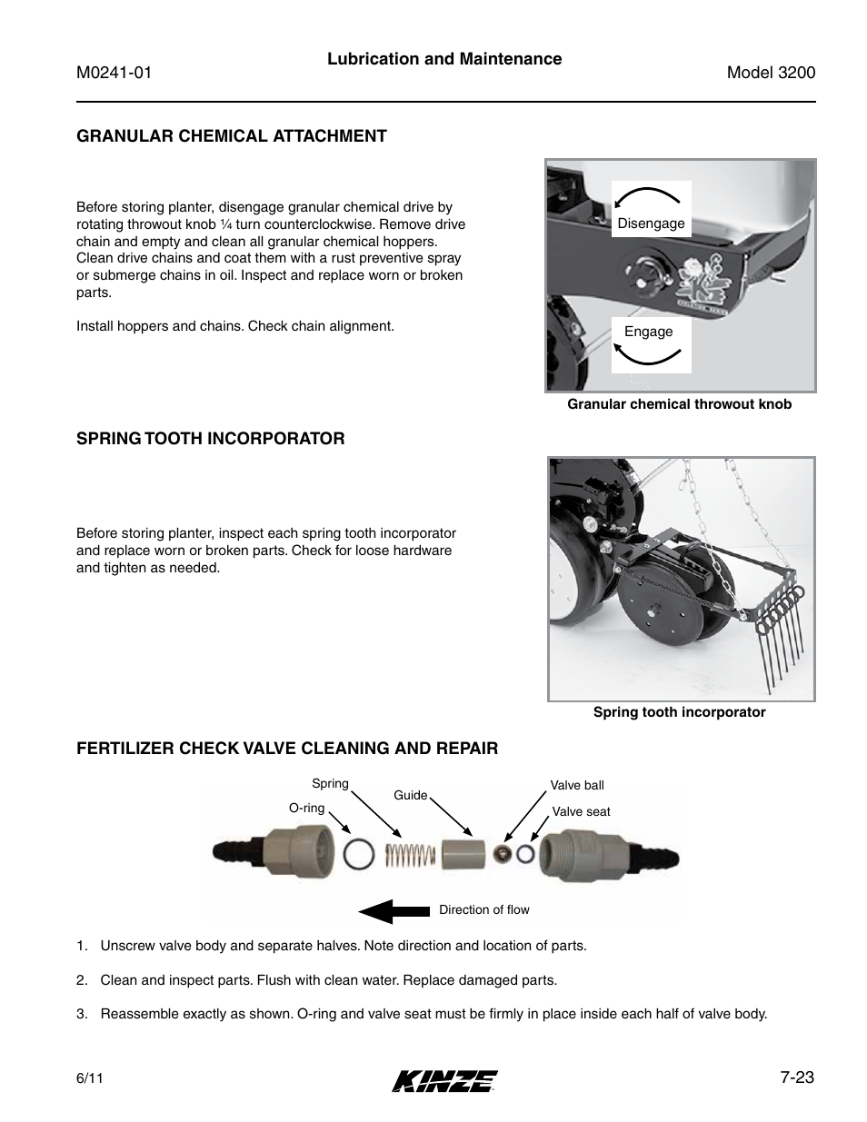 Granular chemical attachment, Spring tooth incorporator, Fertilizer check valve cleaning and repair | Granular chemical attachment -23, Spring tooth incorporator -23, Fertilizer check valve cleaning and repair -23 | Kinze 3200 Wing-Fold Planter Rev. 7/14 User Manual | Page 163 / 192