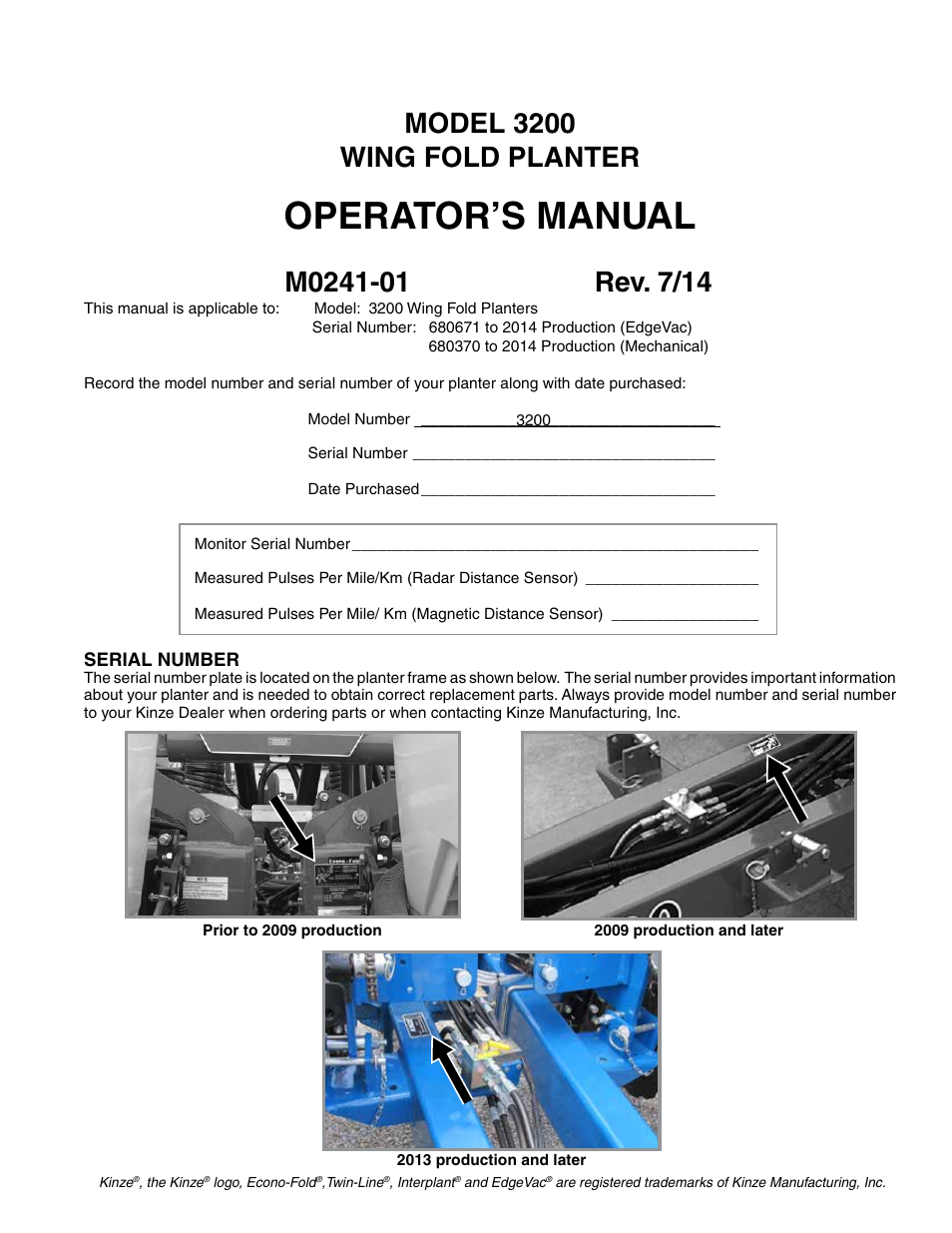 Operator’s manual, Model 3200 wing fold planter | Kinze 3200 Wing-Fold Planter Rev. 7/14 User Manual | Page 3 / 192