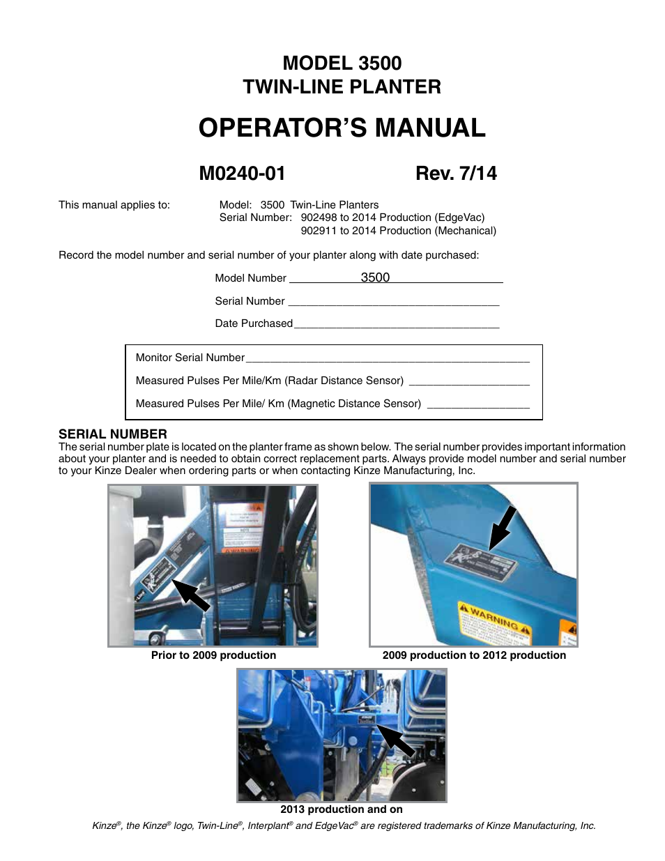 Kinze 3500 Lift and Rotate Planter Rev. 7/14 User Manual | 140 pages