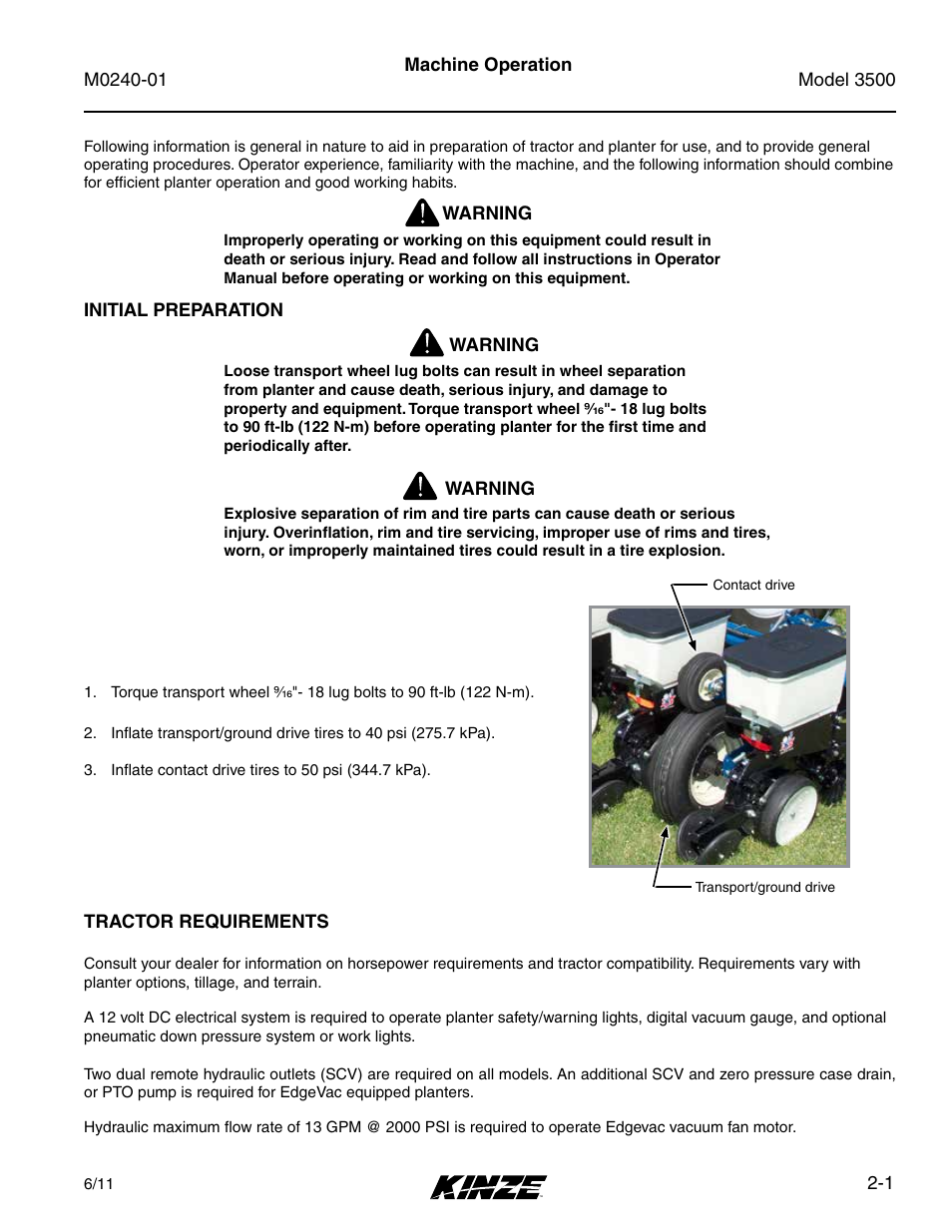 Initial preparation, Tractor requirements, Initial preparation -1 | Tractor requirements -1 | Kinze 3500 Lift and Rotate Planter Rev. 7/14 User Manual | Page 13 / 140