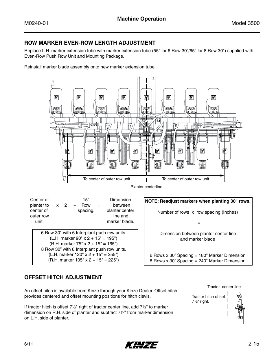 Row marker even-row length adjustment, Offset hitch adjustment, Row marker even-row length adjustment -15 | Offset hitch adjustment -15 | Kinze 3500 Lift and Rotate Planter Rev. 7/14 User Manual | Page 27 / 140