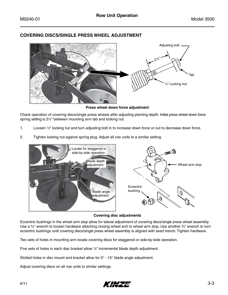 Covering discs/single press wheel adjustment, Covering discs/single press wheel adjustment -3 | Kinze 3500 Lift and Rotate Planter Rev. 7/14 User Manual | Page 37 / 140