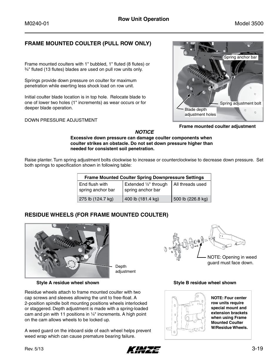 Frame mounted coulter (pull row only), Residue wheels (for frame mounted coulter), Frame mounted coulter (pull row only) -19 | Residue wheels (for frame mounted coulter) -19 | Kinze 3500 Lift and Rotate Planter Rev. 7/14 User Manual | Page 53 / 140