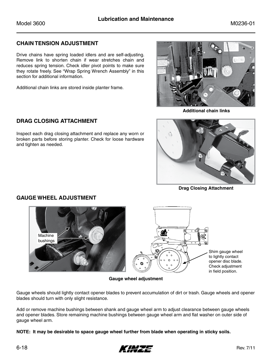 Chain tension adjustment, Drag closing attachment, Gauge wheel adjustment | Chain tension adjustment -18, Drag closing attachment -18, Gauge wheel adjustment -18 | Kinze 3600 Lift and Rotate Planter Rev. 7/14 User Manual | Page 126 / 172