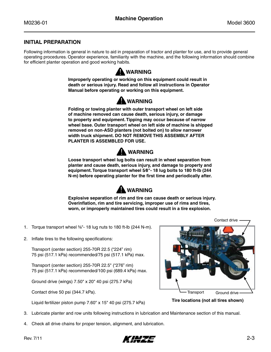 Initial preparation, Initial preparation -3 | Kinze 3600 Lift and Rotate Planter Rev. 7/14 User Manual | Page 13 / 172
