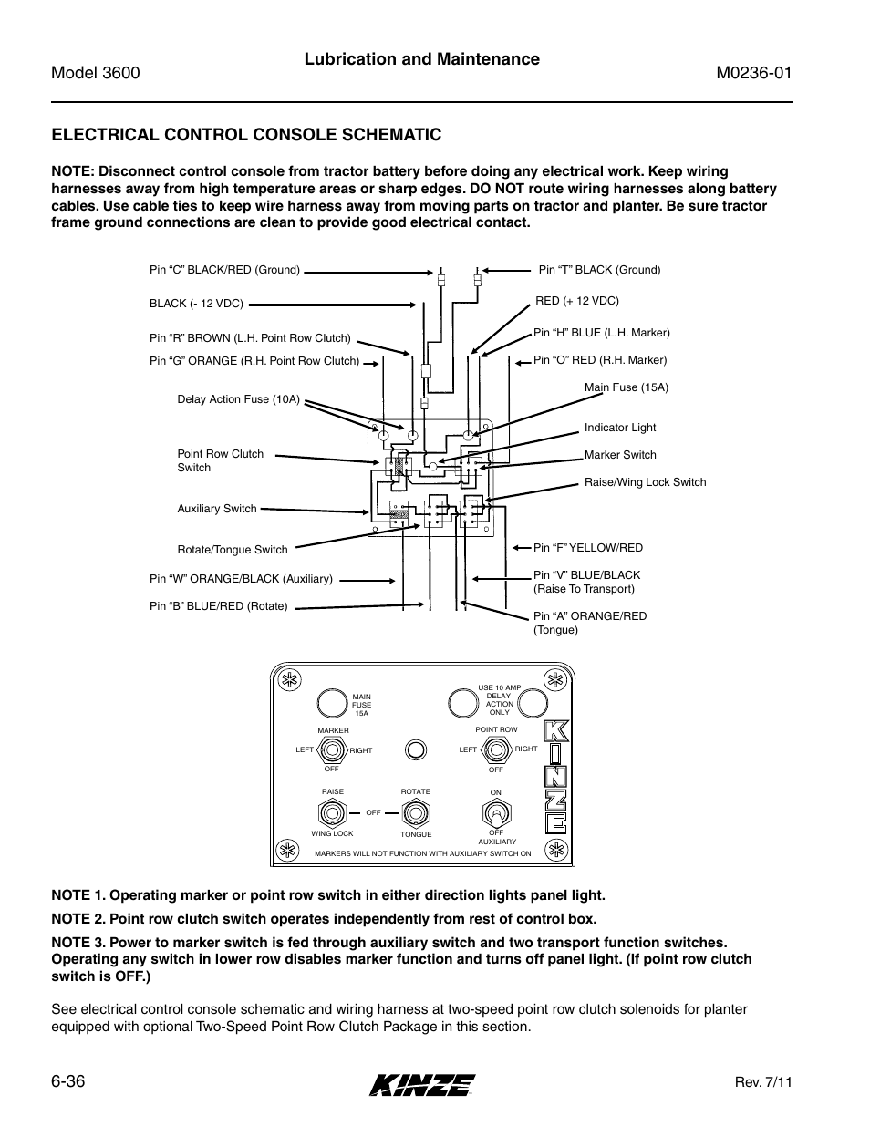Electrical control console schematic, Electrical control console schematic -36, Rev. 7/11 | Kinze 3600 Lift and Rotate Planter Rev. 7/14 User Manual | Page 144 / 172