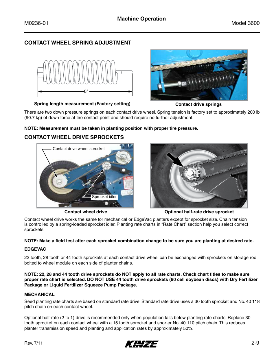 Contact wheel spring adjustment, Contact wheel drive sprockets, Contact wheel spring adjustment -9 | Contact wheel drive sprockets -9 | Kinze 3600 Lift and Rotate Planter Rev. 7/14 User Manual | Page 19 / 172