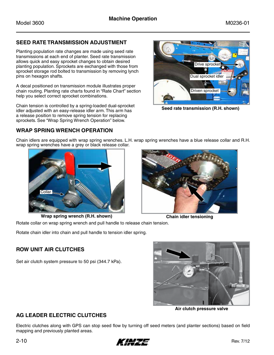 Seed rate transmission adjustment, Wrap spring wrench operation, Row unit air clutches | Ag leader electric clutches, Seed rate transmission adjustment -10, Wrap spring wrench operation -10, Row unit air clutches -10, Ag leader electric clutches -10 | Kinze 3600 Lift and Rotate Planter Rev. 7/14 User Manual | Page 20 / 172