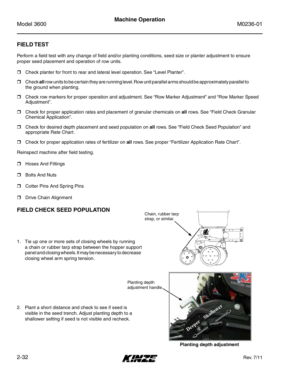 Field test, Field check seed population, Field test -32 | Field check seed population -32 | Kinze 3600 Lift and Rotate Planter Rev. 7/14 User Manual | Page 42 / 172