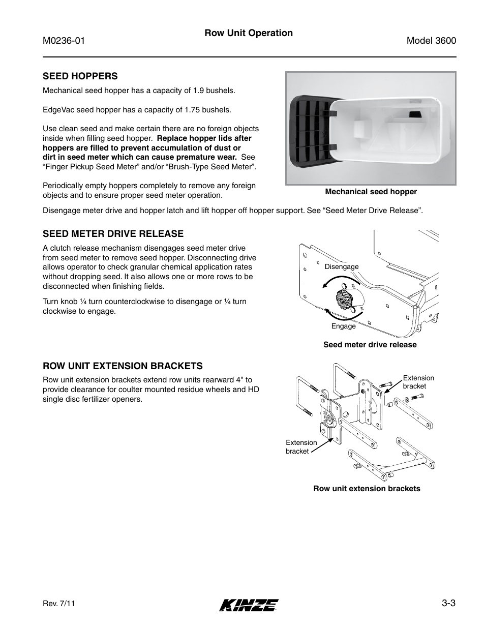 Seed hoppers, Seed meter drive release, Row unit extension brackets | Seed hoppers -3, Seed meter drive release -3, Row unit extension brackets -3 | Kinze 3600 Lift and Rotate Planter Rev. 7/14 User Manual | Page 47 / 172