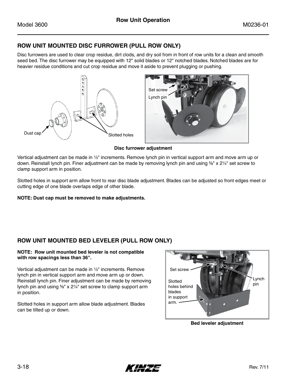 Row unit mounted disc furrower (pull row only), Row unit mounted bed leveler (pull row only), Row unit mounted disc furrower (pull row only) -18 | Row unit mounted bed leveler (pull row only) -18 | Kinze 3600 Lift and Rotate Planter Rev. 7/14 User Manual | Page 62 / 172