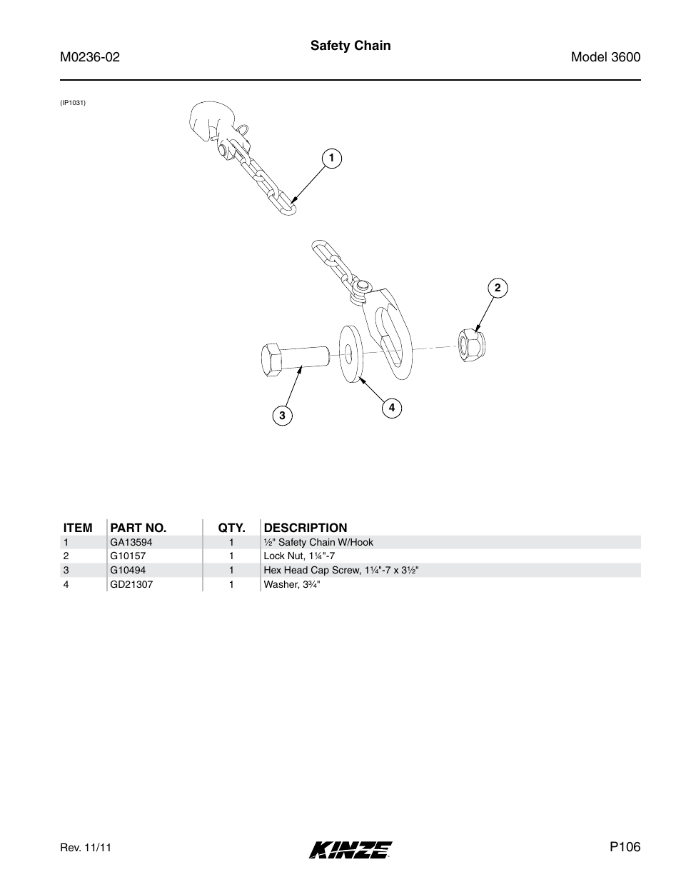 Safety chain, P106 | Kinze 3600 Lift and Rotate Planter Rev. 5/14 User Manual | Page 109 / 302