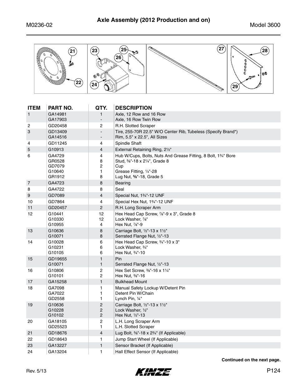 Axle assembly (2012 production and on), P124 | Kinze 3600 Lift and Rotate Planter Rev. 5/14 User Manual | Page 127 / 302