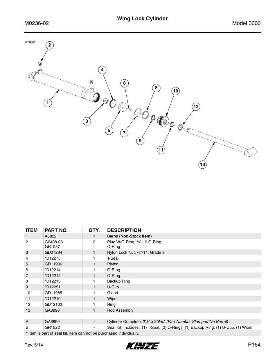 Wing lock cylinder, P164 | Kinze 3600 Lift and Rotate Planter Rev. 5/14 User Manual | Page 167 / 302