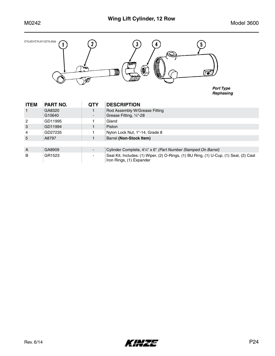 Wing lift cylinder, 12 row | Kinze 3600 Lift and Rotate Planter Rev. 6/14 User Manual | Page 27 / 40