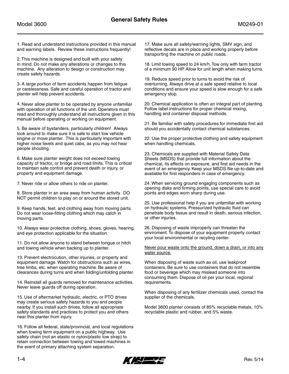 General safety rules, General safety rules -4 | Kinze 3600 Lift and Rotate Planter (70 CM) Rev. 5/14 User Manual | Page 10 / 158