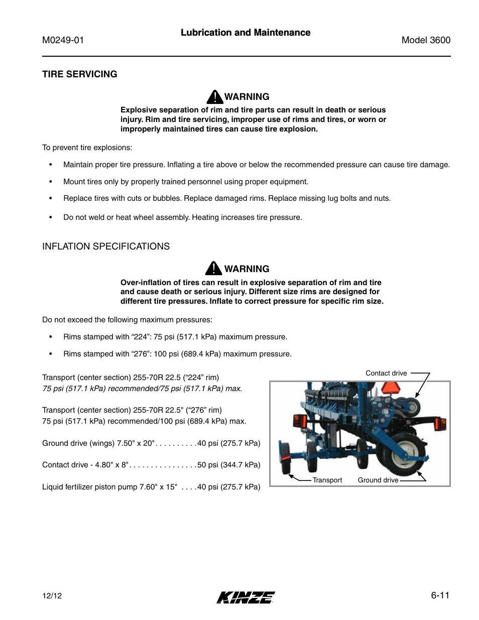 Tire servicing, Tire servicing -11 | Kinze 3600 Lift and Rotate Planter (70 CM) Rev. 5/14 User Manual | Page 115 / 158