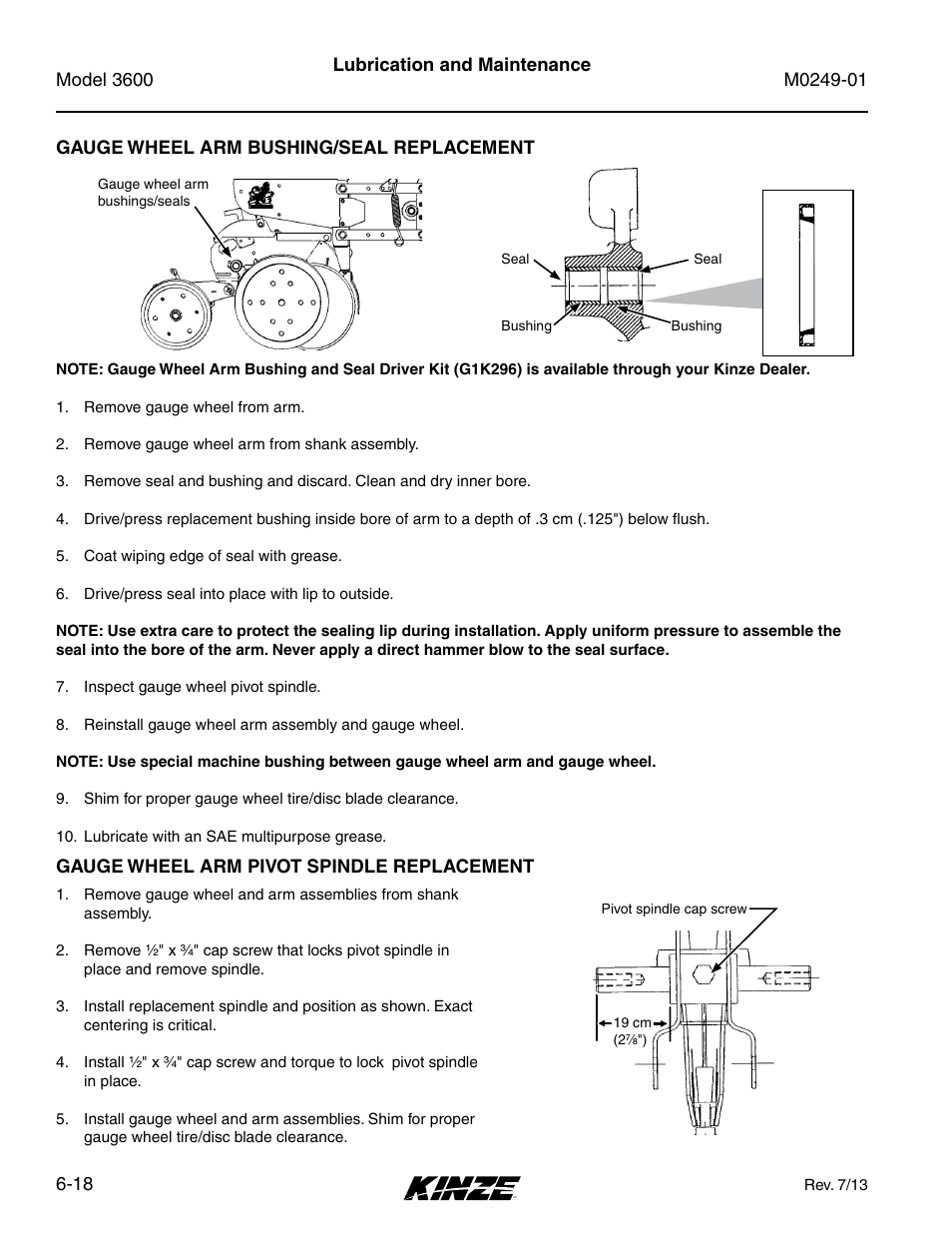 Gauge wheel arm bushing/seal replacement, Gauge wheel arm pivot spindle replacement, Gauge wheel arm bushing/seal replacement -18 | Gauge wheel arm pivot spindle replacement -18 | Kinze 3600 Lift and Rotate Planter (70 CM) Rev. 5/14 User Manual | Page 122 / 158