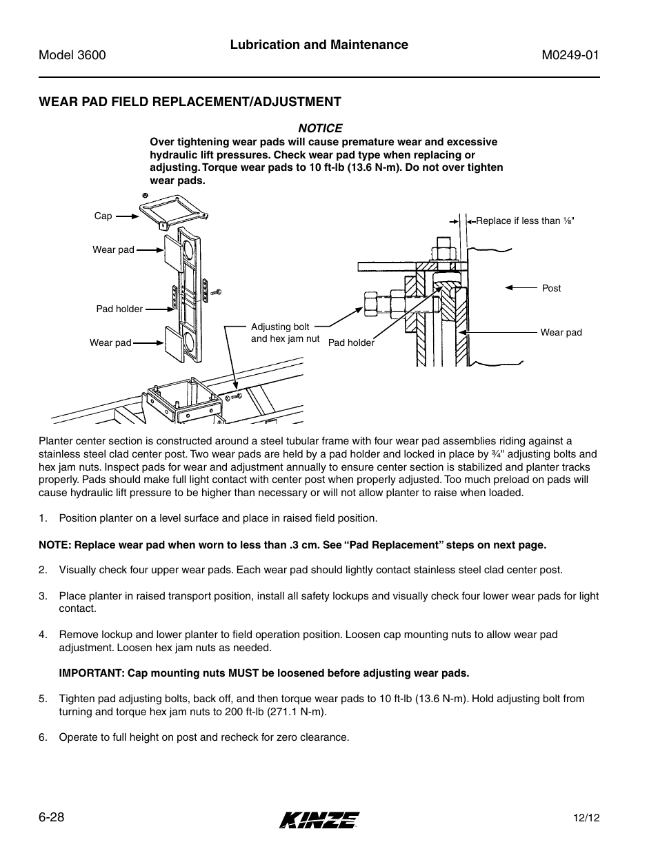 Wear pad field replacement/adjustment, Wear pad field replacement/adjustment -28 | Kinze 3600 Lift and Rotate Planter (70 CM) Rev. 5/14 User Manual | Page 132 / 158