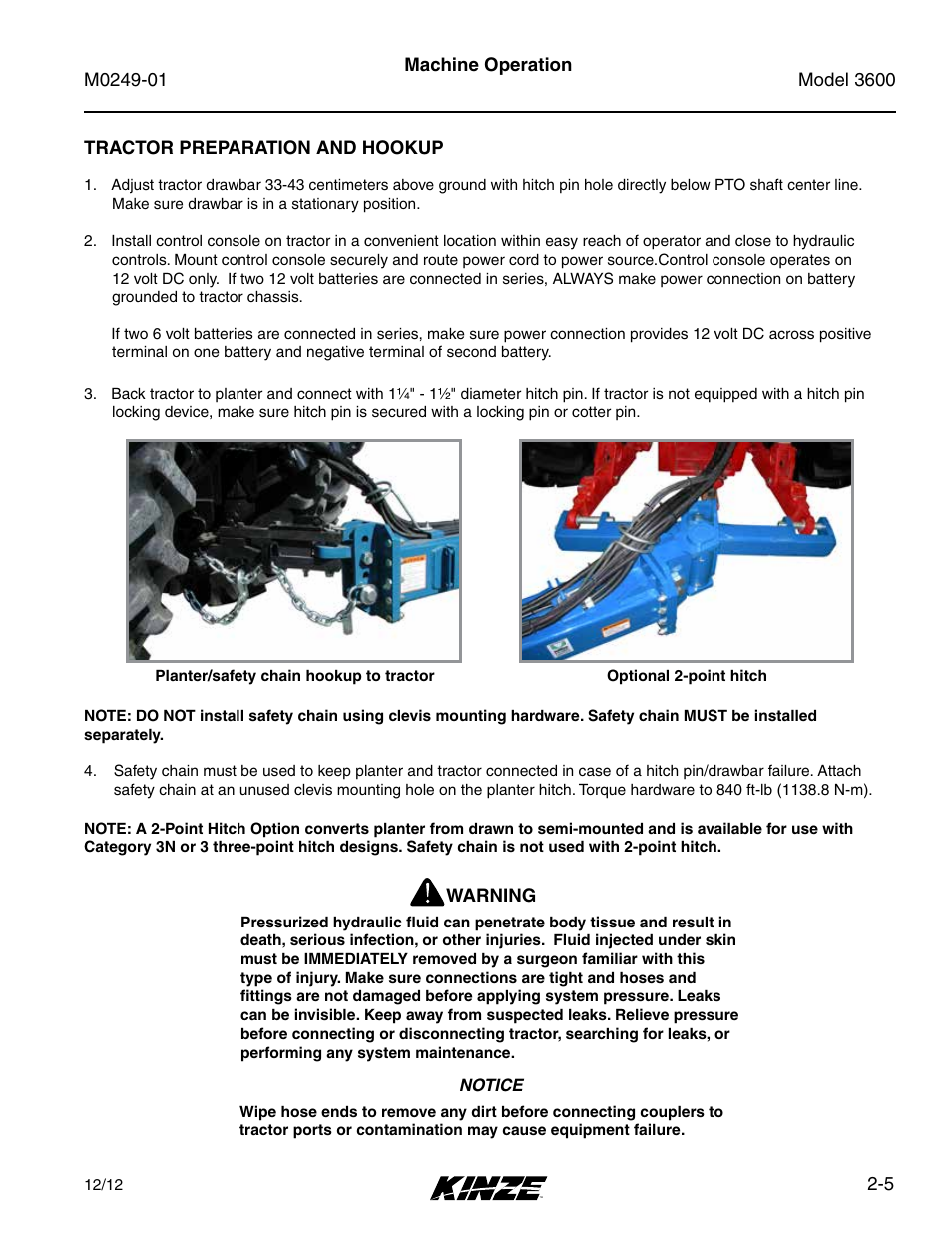 Tractor preparation and hookup, Tractor preparation and hookup -5 | Kinze 3600 Lift and Rotate Planter (70 CM) Rev. 5/14 User Manual | Page 17 / 158