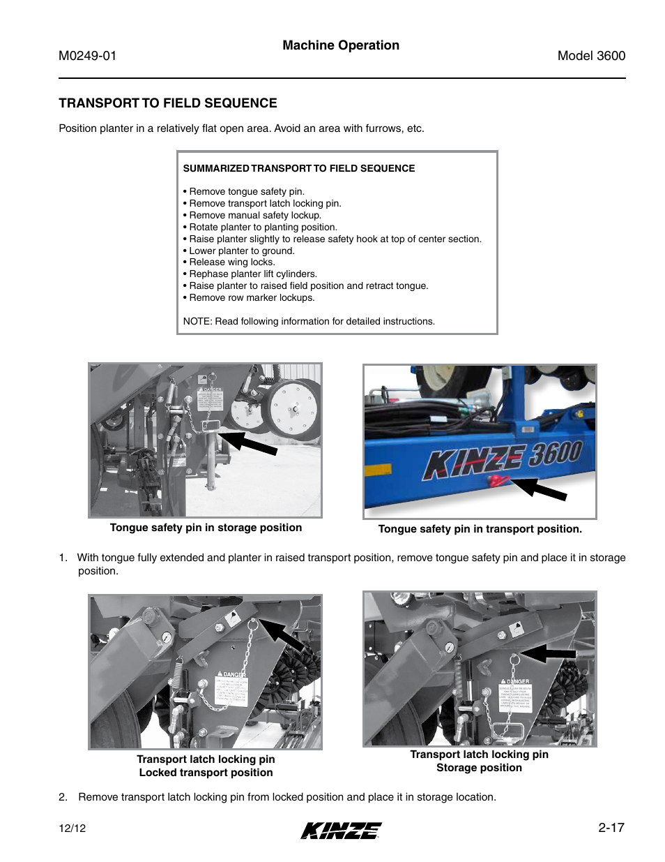 Transport to field sequence, Transport to field sequence -17 | Kinze 3600 Lift and Rotate Planter (70 CM) Rev. 5/14 User Manual | Page 29 / 158