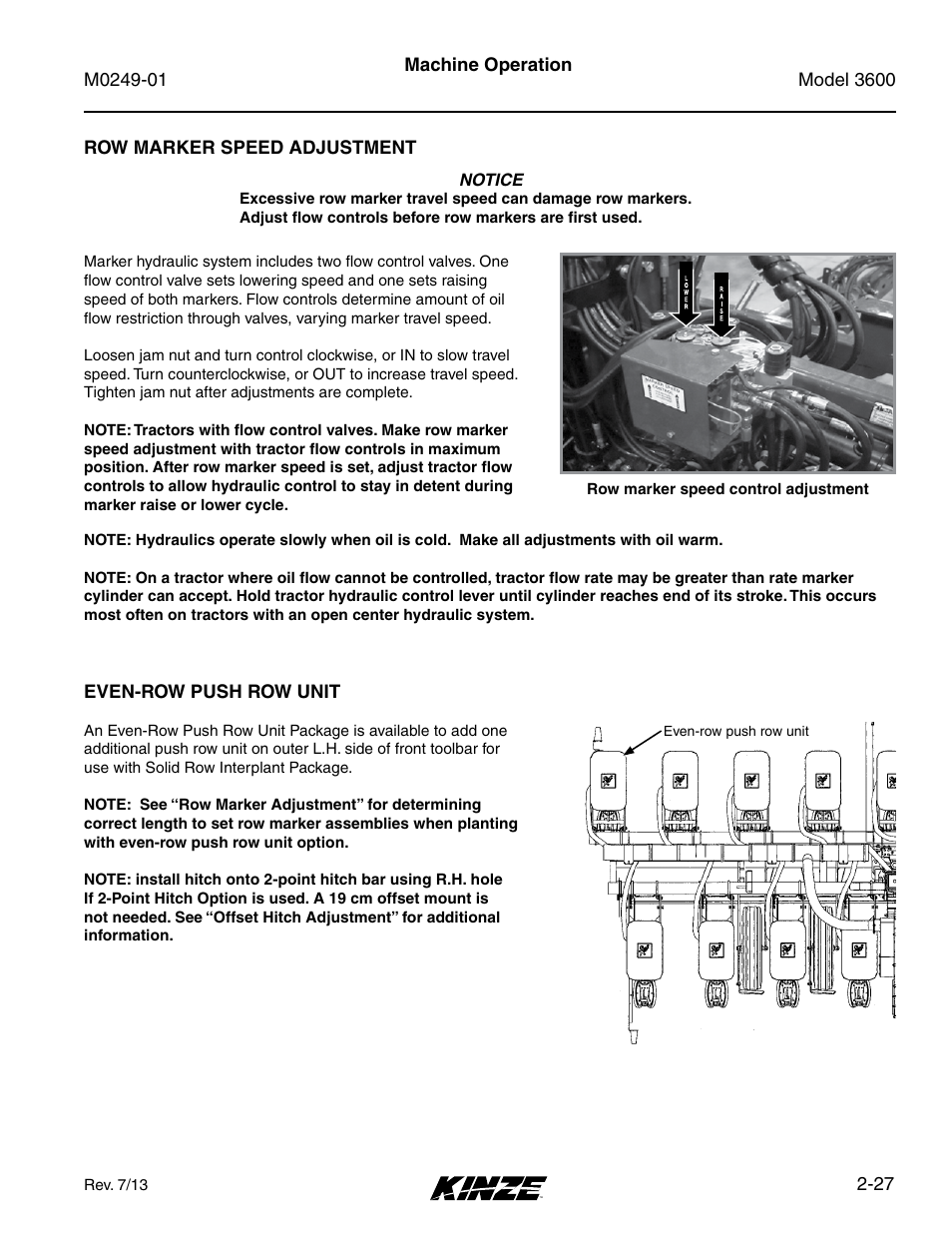 Row marker speed adjustment, Even-row push row unit, Row marker speed adjustment -27 | Even-row push row unit -27 | Kinze 3600 Lift and Rotate Planter (70 CM) Rev. 5/14 User Manual | Page 39 / 158