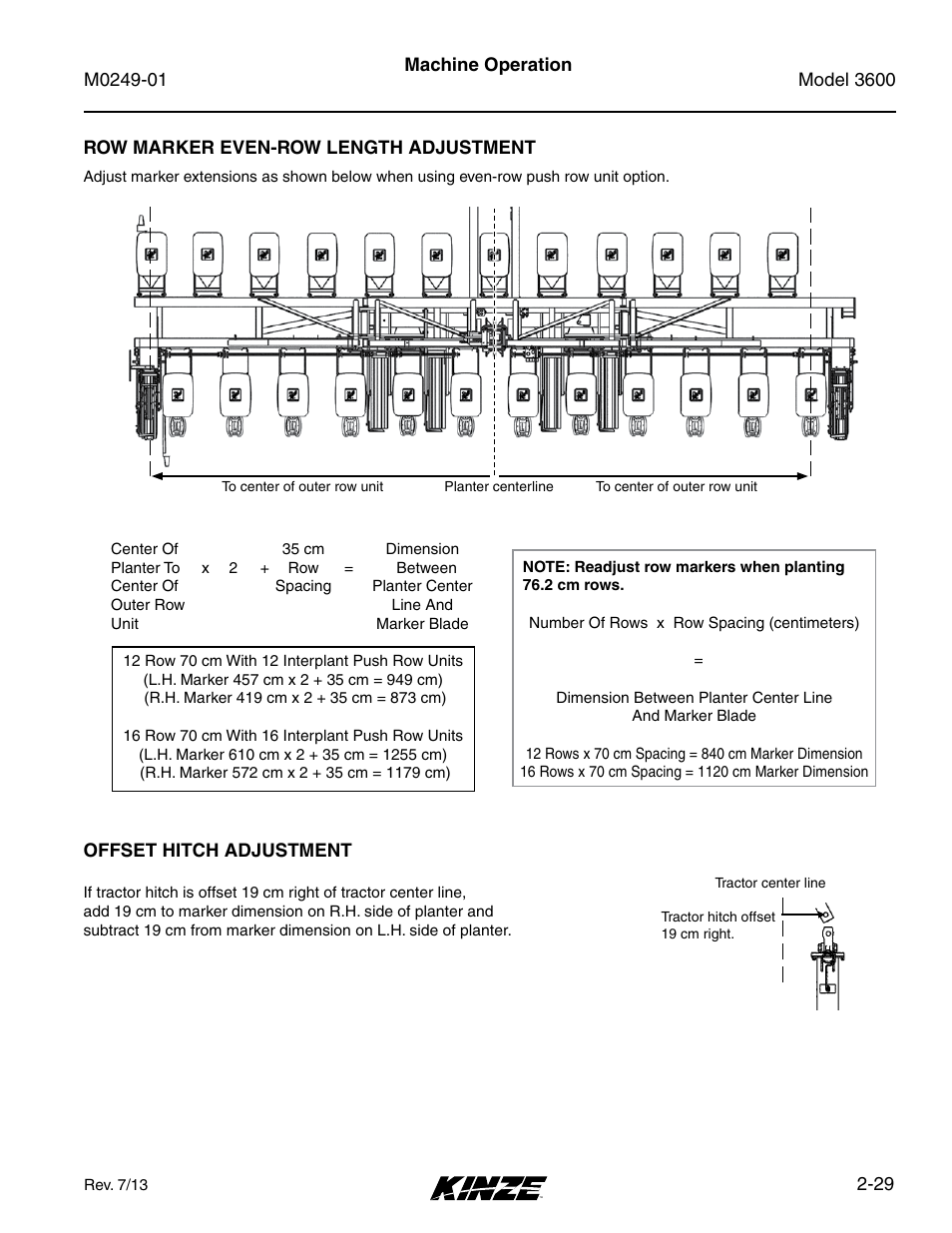 Row marker even-row length adjustment, Offset hitch adjustment, Row marker even-row length adjustment -29 | Offset hitch adjustment -29 | Kinze 3600 Lift and Rotate Planter (70 CM) Rev. 5/14 User Manual | Page 41 / 158