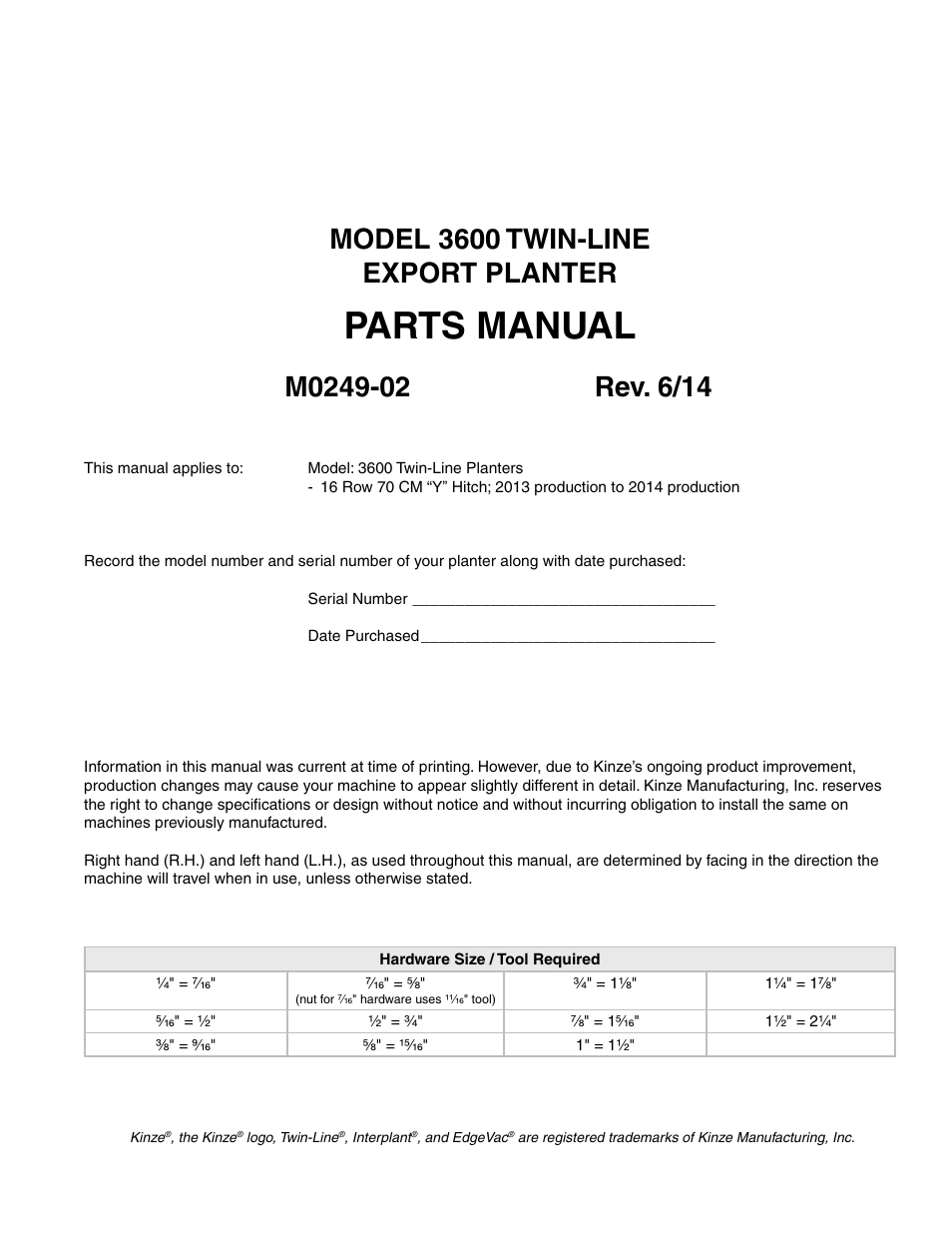 Kinze 3600 Lift and Rotate Planter (70 CM) Rev. 6/14 User Manual | 186 pages