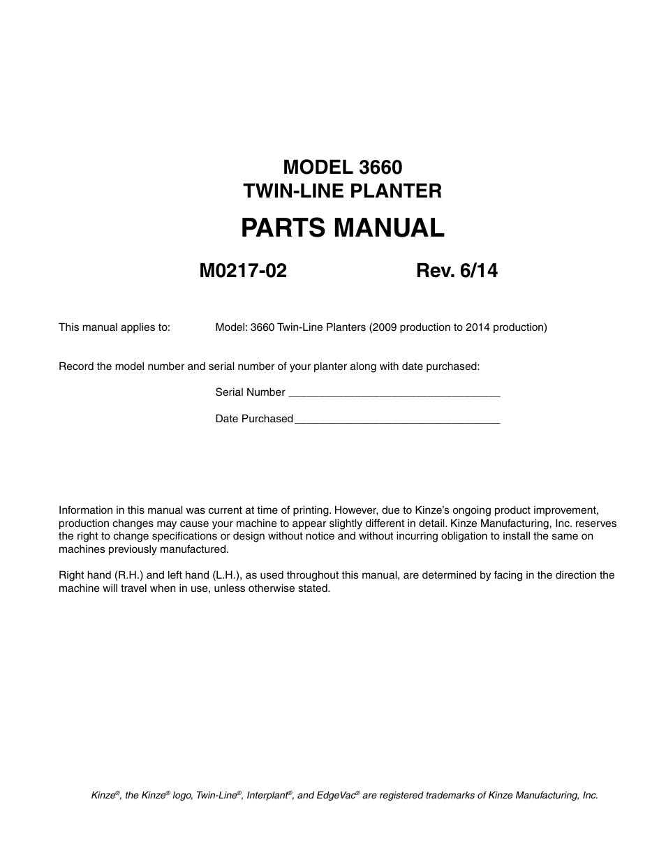 Kinze 3660 Lift and Rotate Planter Rev. 6/14 User Manual | 282 pages