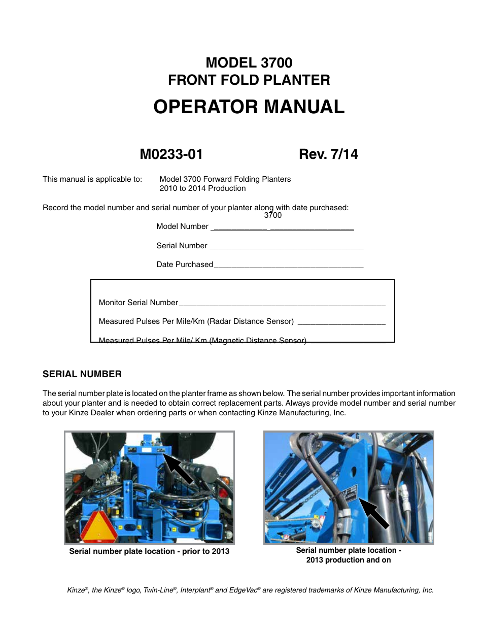 Kinze 3700 Front Folding Planter Rev. 7/14 User Manual | 172 pages