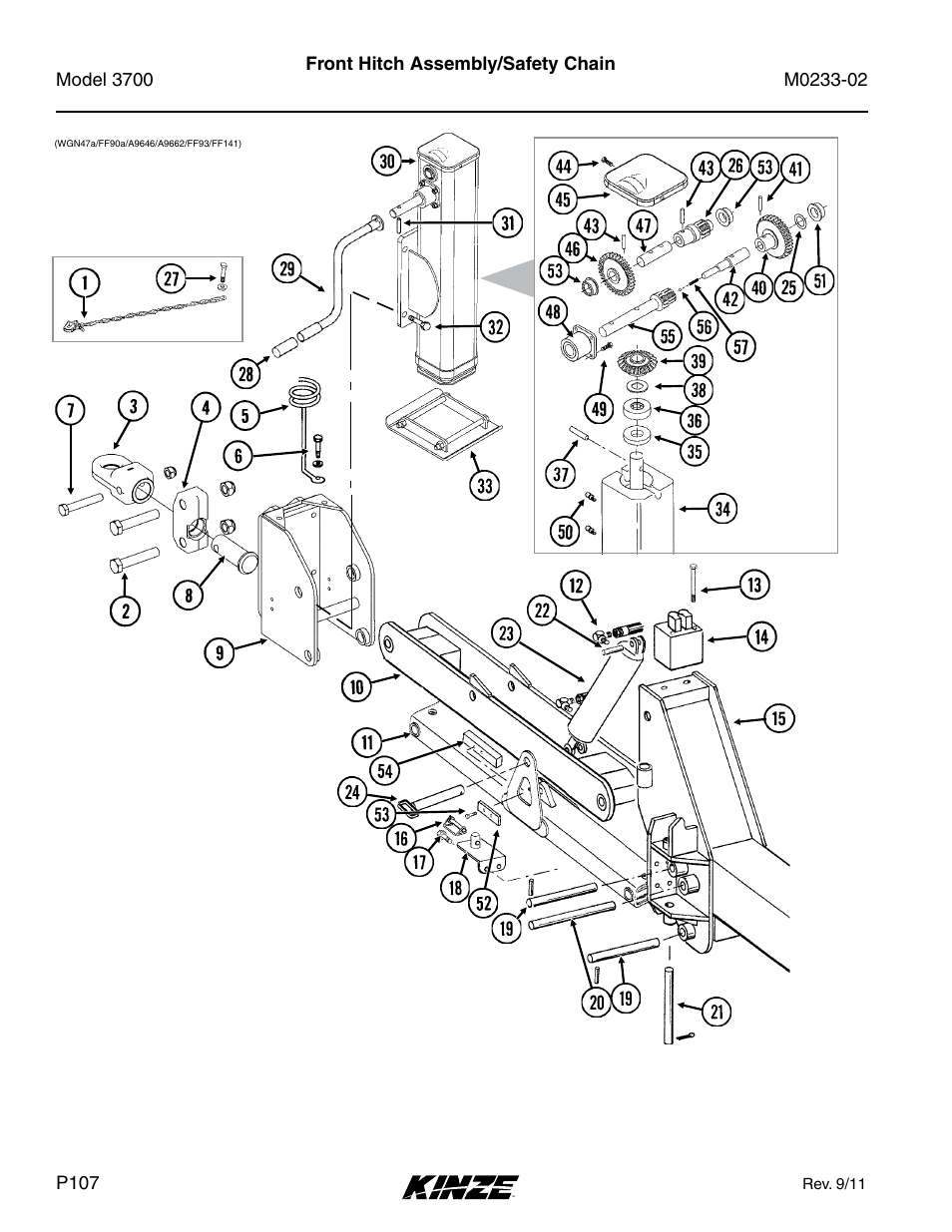 Base machine, Front hitch assembly/safety chain | Kinze 3700 Front Folding Planter Rev. 6/14 User Manual | Page 110 / 284