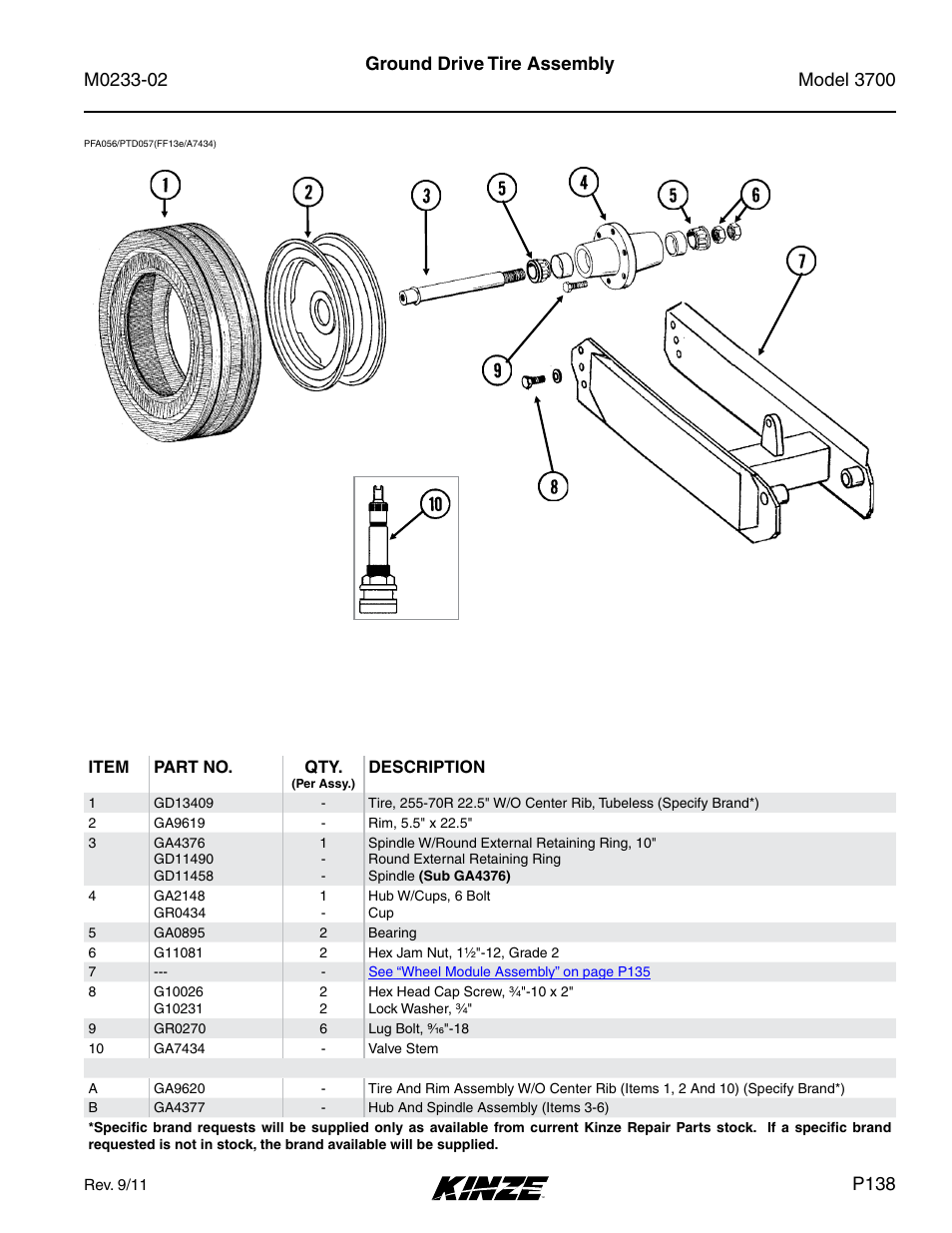 Ground drive tire assembly, P138 | Kinze 3700 Front Folding Planter Rev. 6/14 User Manual | Page 141 / 284